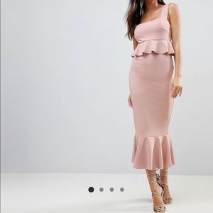 ASOS Square neck ruffle front bodycon midi dress with ruffle hem